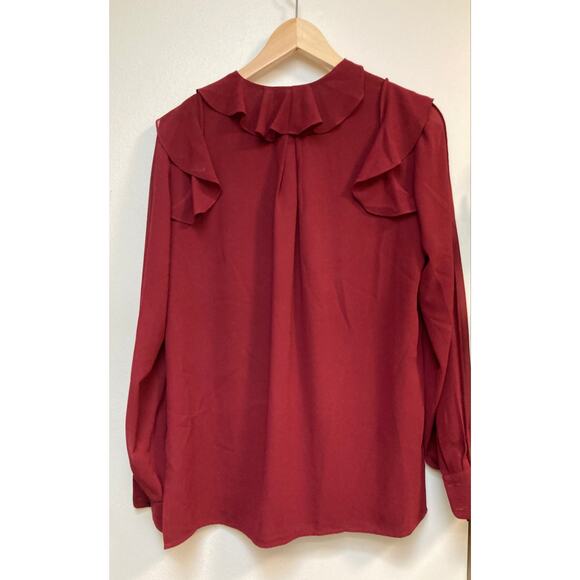 REISS ruffle front burgundy red long sleeve shirt size 4 - Picture 6 of 10